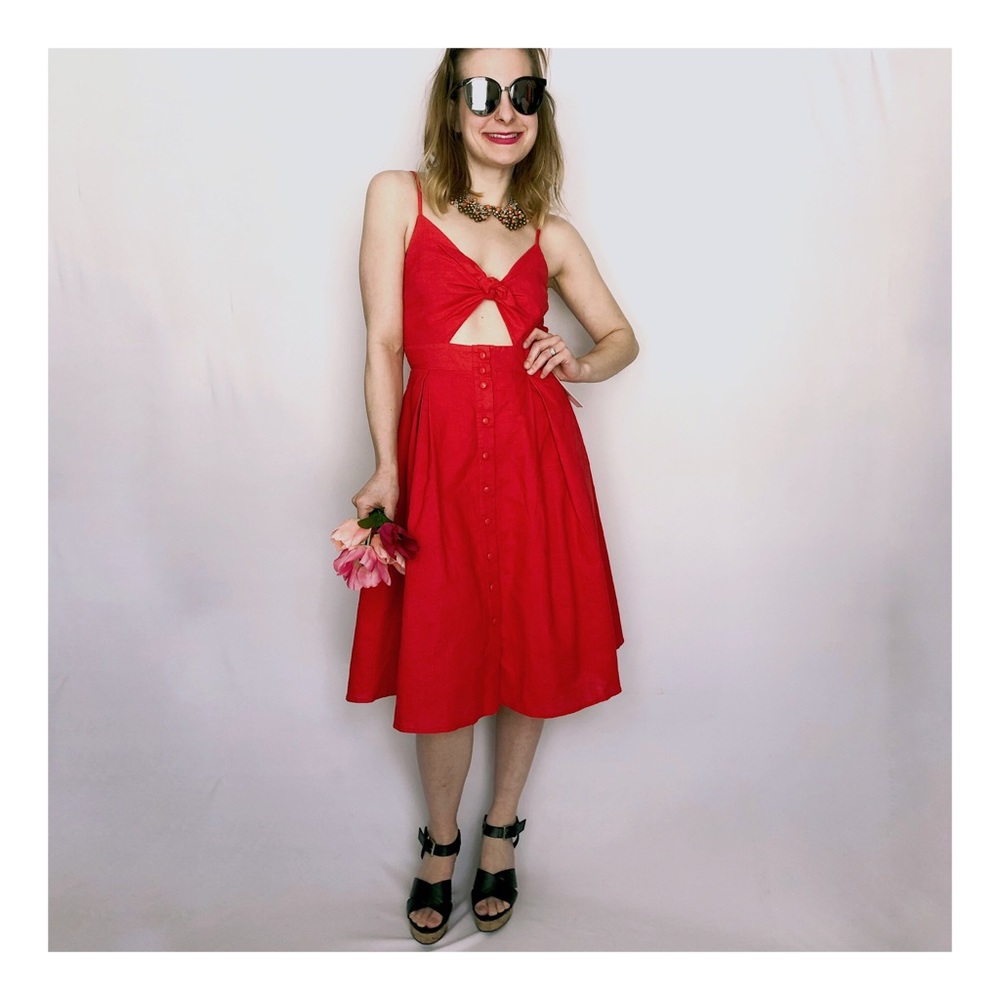 L’atiste Button Up Red Orange Midi Dress Tie Front